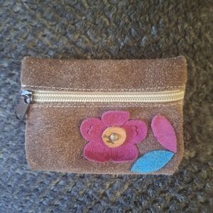 Brown Suede Coin Purse with Floral Design
